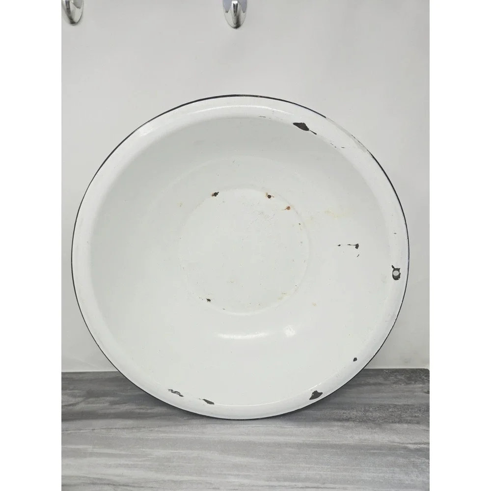 VTG White Black Enamelware Basin Bowl Antique Primitive Large 16
